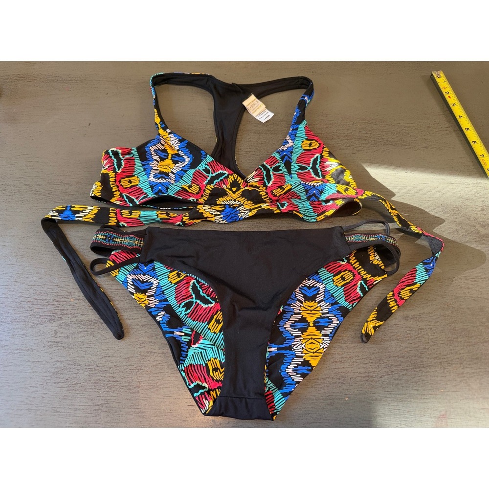 L Space Tribal Geometric Racerback Bikini Set Multi Color Black Large NWOT